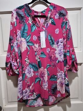 Dear Scarlett Floral Blouse Pink Tropical Print Roll Tab Sleeve XL NWT